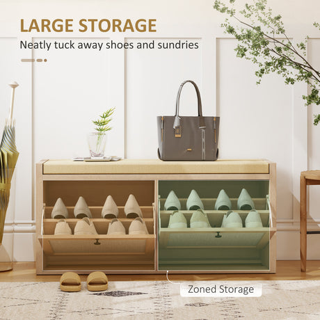 Wooden Shoe Storage Bench 108cm Wide With 2 Flip Drawers - Velmora