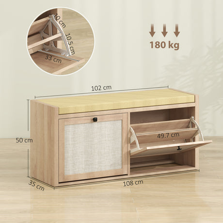 Wooden Shoe Storage Bench 108cm Wide With 2 Flip Drawers - Velmora
