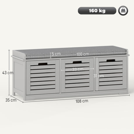 Wooden Shoe Storage Bench 108cm Wide With 3 Drawers - Velmora