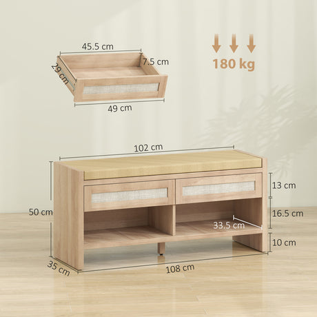 Wooden Shoe Storage Bench 108cm Wide With Cushion And 2 Drawers - Velmora