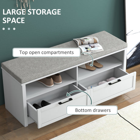 Wooden Shoe Storage Bench 110cm Wide Cushion And 2 Drawers - Velmora