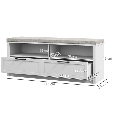 Wooden Shoe Storage Bench 110cm Wide Cushion And 2 Drawers - Velmora