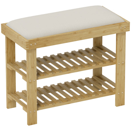 Wooden Shoe Storage Bench 60cm Wide With Cushion And Storage Shelf - Velmora