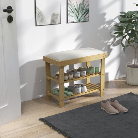 Wooden Shoe Storage Bench 60cm Wide With Cushion And Storage Shelf - Velmora