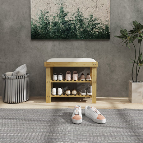 Wooden Shoe Storage Bench 60cm Wide With Cushion And Storage Shelf - Velmora