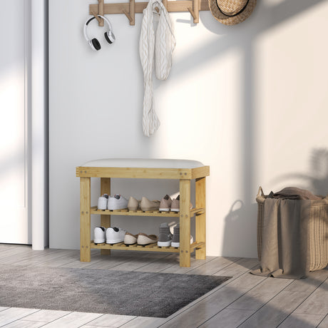 Wooden Shoe Storage Bench 60cm Wide With Cushion And Storage Shelf - Velmora