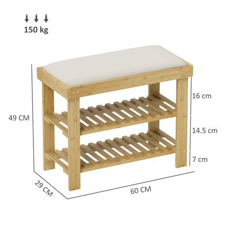 Wooden Shoe Storage Bench 60cm Wide With Cushion And Storage Shelf - Velmora