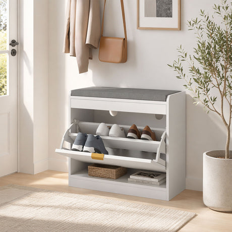 Wooden Shoe Storage Bench 60cm Wide With Flip Drawer - Velmora