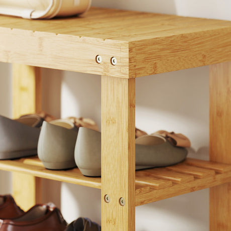 Wooden Shoe Storage Bench 70cm Wide 2 Shelves - Velmora