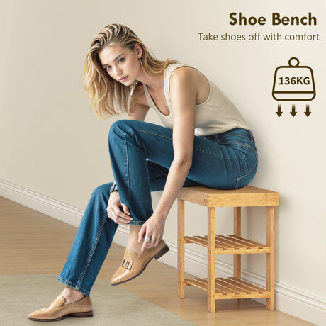 Wooden Shoe Storage Bench 70cm Wide 2 Shelves - Velmora