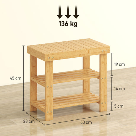 Wooden Shoe Storage Bench 70cm Wide 2 Shelves - Velmora