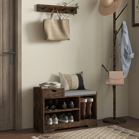 Wooden Shoe Storage Bench 76.5cm Wide With Cushion - Velmora