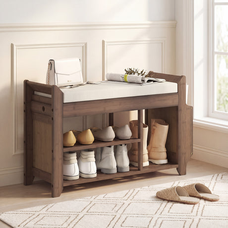 Wooden Shoe Storage Bench 80cm Wide With Cream Cushion - Velmora