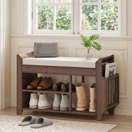 Wooden Shoe Storage Bench 80cm Wide With Cream Cushion - Velmora