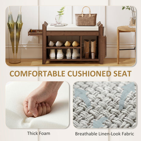 Wooden Shoe Storage Bench 80cm Wide With Cream Cushion - Velmora