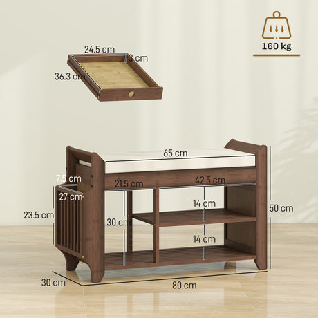 Wooden Shoe Storage Bench 80cm Wide With Cream Cushion - Velmora