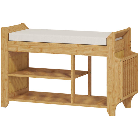 Wooden Shoe Storage Bench 80cm Wide With Cream Cushion - Velmora