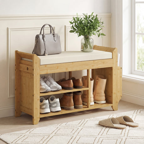 Wooden Shoe Storage Bench 80cm Wide With Cream Cushion - Velmora