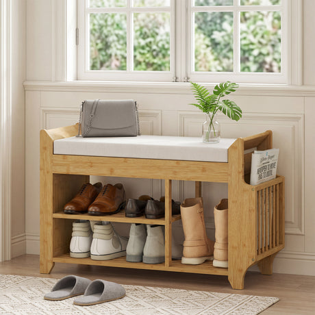 Wooden Shoe Storage Bench 80cm Wide With Cream Cushion - Velmora