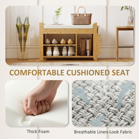 Wooden Shoe Storage Bench 80cm Wide With Cream Cushion - Velmora