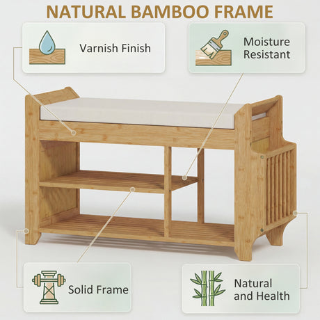 Wooden Shoe Storage Bench 80cm Wide With Cream Cushion - Velmora