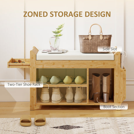 Wooden Shoe Storage Bench 80cm Wide With Cream Cushion - Velmora