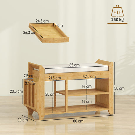 Wooden Shoe Storage Bench 80cm Wide With Cream Cushion - Velmora