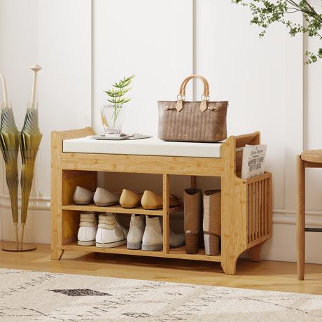 Wooden Shoe Storage Bench 80cm Wide With Cream Cushion - Velmora