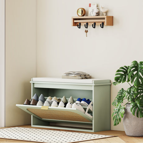 Wooden Shoe Storage Bench 80cm Wide With Cushion And Flip Drawer - Velmora