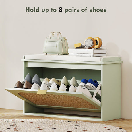 Wooden Shoe Storage Bench 80cm Wide With Cushion And Flip Drawer - Velmora