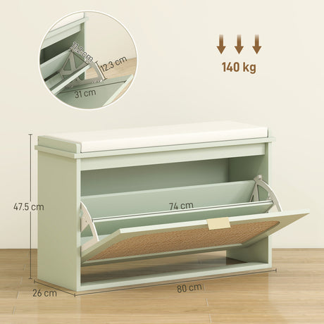 Wooden Shoe Storage Bench 80cm Wide With Cushion And Flip Drawer - Velmora