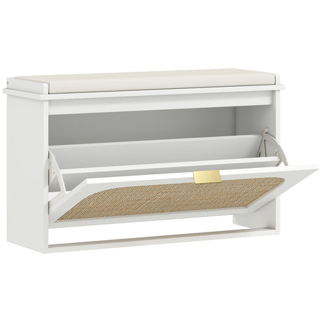 Wooden Shoe Storage Bench 80cm Wide With Cushion And Flip Drawer - Velmora
