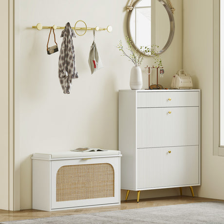 Wooden Shoe Storage Bench 80cm Wide With Cushion And Flip Drawer - Velmora