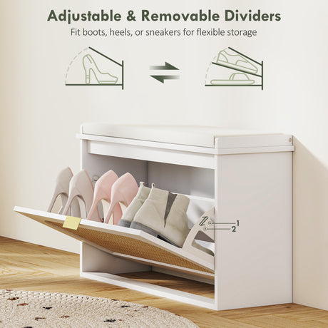 Wooden Shoe Storage Bench 80cm Wide With Cushion And Flip Drawer - Velmora