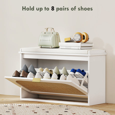 Wooden Shoe Storage Bench 80cm Wide With Cushion And Flip Drawer - Velmora