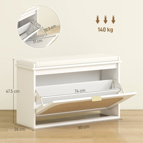 Wooden Shoe Storage Bench 80cm Wide With Cushion And Flip Drawer - Velmora