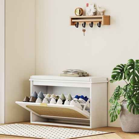 Wooden Shoe Storage Bench 80cm Wide With Cushion And Flip Drawer - Velmora