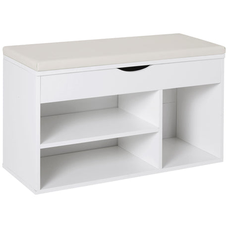 Wooden Shoe Storage Bench 80cm Wide With Cushion And Storage Shelves - Velmora