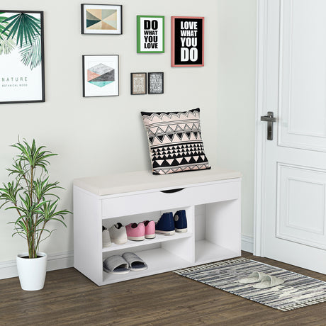 Wooden Shoe Storage Bench 80cm Wide With Cushion And Storage Shelves - Velmora
