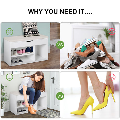 Wooden Shoe Storage Bench 80cm Wide With Cushion And Storage Shelves - Velmora