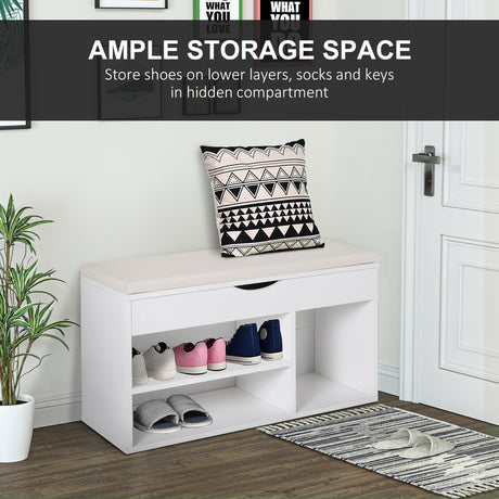 Wooden Shoe Storage Bench 80cm Wide With Cushion And Storage Shelves - Velmora