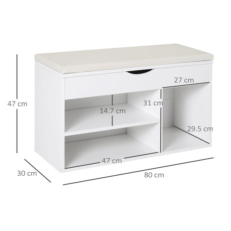 Wooden Shoe Storage Bench 80cm Wide With Cushion And Storage Shelves - Velmora
