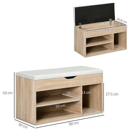 Wooden Shoe Storage Bench 80cm Wide With Cushion - Velmora