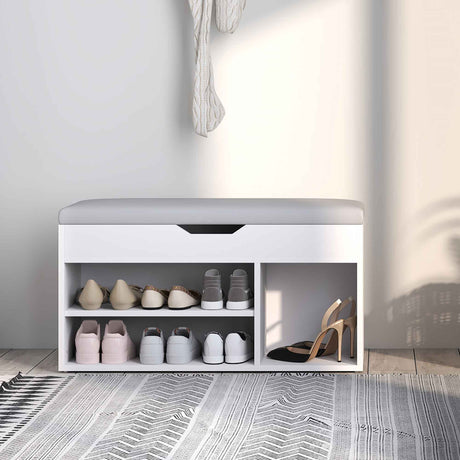 Wooden Shoe Storage Bench 80cm Wide With Cushion - Velmora