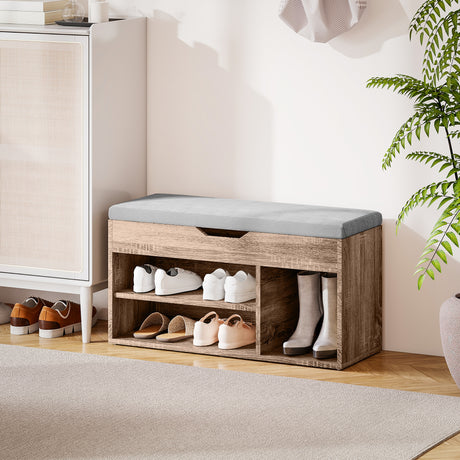 Wooden Shoe Storage Bench 80cm Wide With Cushion - Velmora