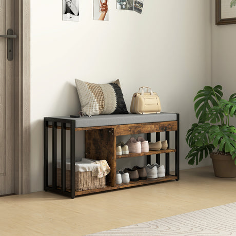 Wooden Shoe Storage Bench 90cm Wide With Cushion - Velmora