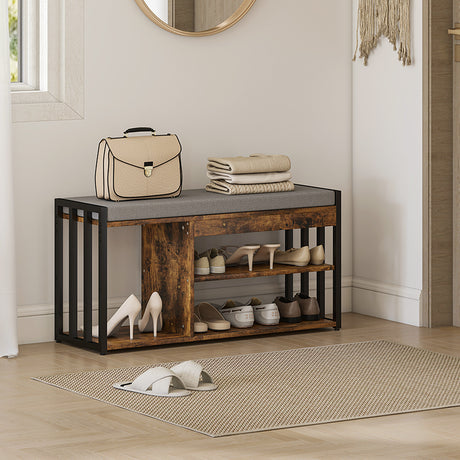 Wooden Shoe Storage Bench 90cm Wide With Cushion - Velmora