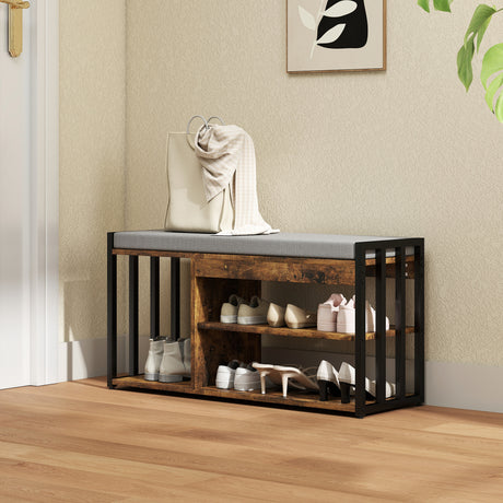 Wooden Shoe Storage Bench 90cm Wide With Cushion - Velmora
