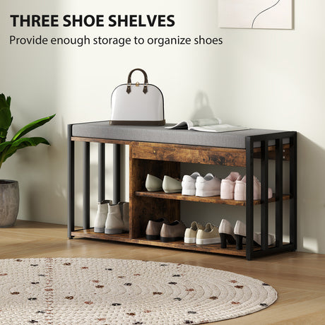 Wooden Shoe Storage Bench 90cm Wide With Cushion - Velmora