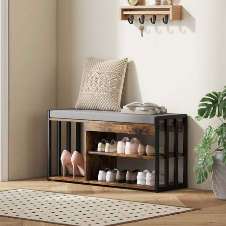 Wooden Shoe Storage Bench 90cm Wide With Cushion - Velmora